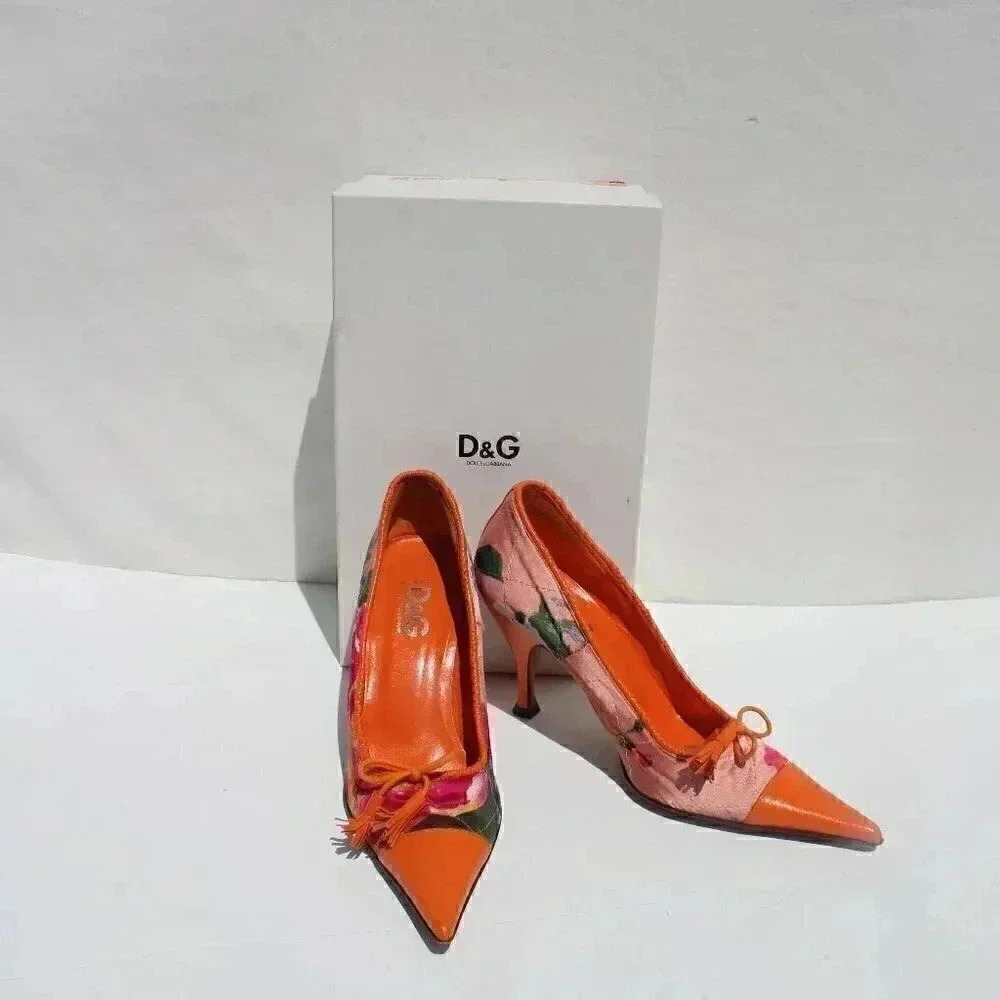 Dolce & Gabbana D&G Orange Flora Tropical Scarpa Womens High Heels Pumps Sz 6.5 - Picture 2 of 10